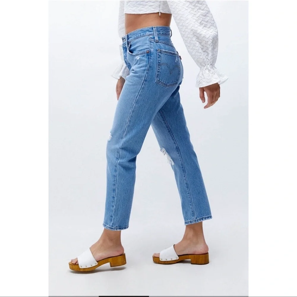 Levi's High Rise Light Blue Distressed Straight Jeans